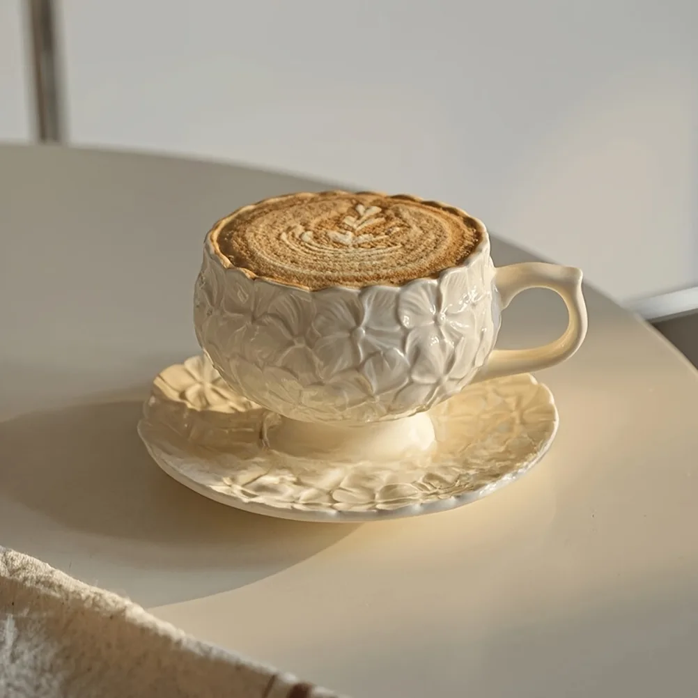 Coffee Tea Gift Set - Franse Crème Relief Koffiekopjesset Cafe Afternoon